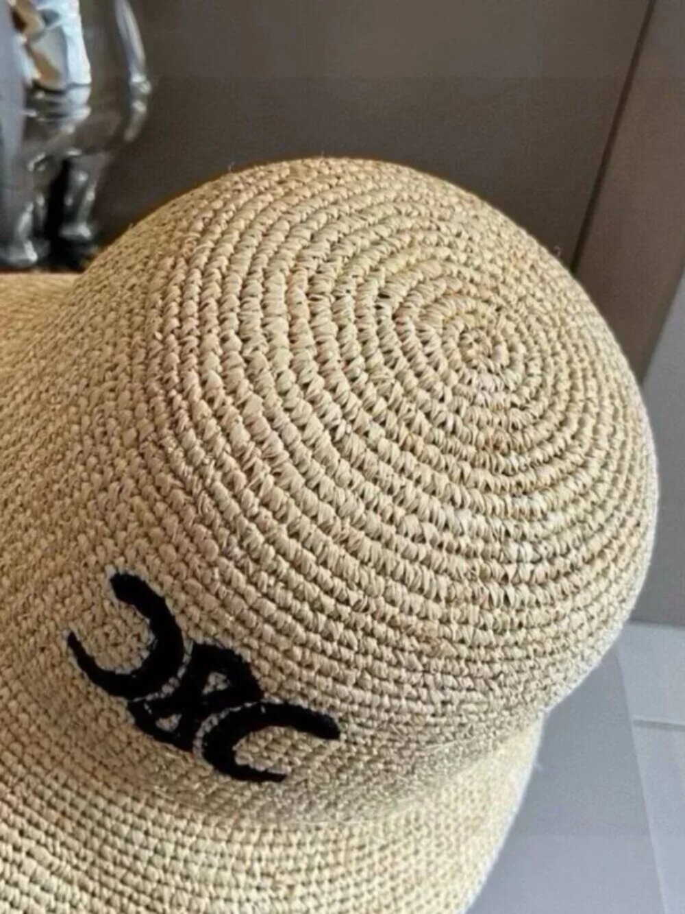 Celine Tan Woven Hat with Black Logo - Picture 5 of 6
